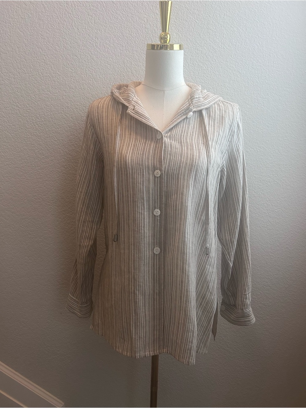 Striped Hooded Button-Up Linen Shirt  in Light Beige